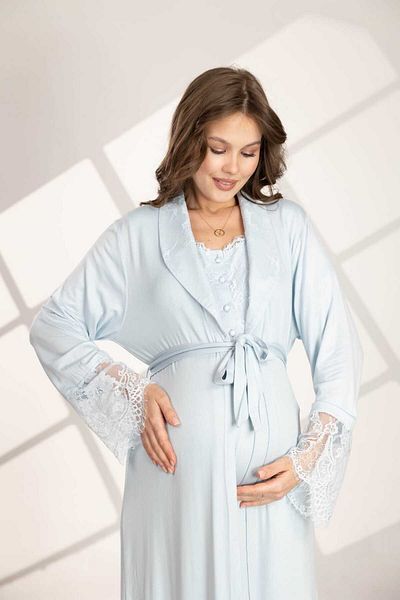 CT MODA Set de cămașă de noapte pentru femei, cu design din dantelă albastră, cu mânecă scurtă, lungime întreagă, 100% bumbac