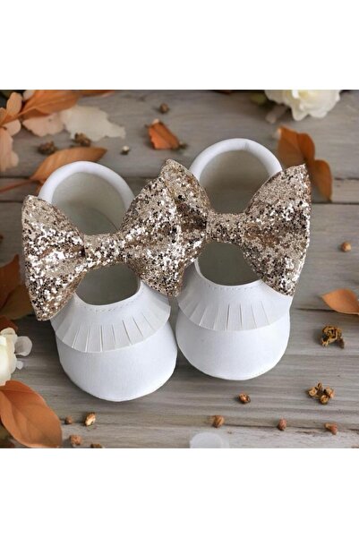 MY MINIE Kız Bebek Makosen Ayakkabı, Ilk Adım Ayakkabısı, Beyaz, Simli, Fiyon...