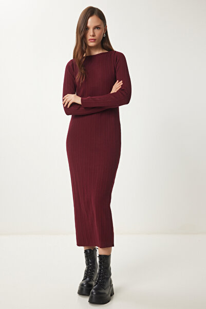 Lovelyİstanbul Rochie lungă din tricot cu nervuri - MAROON LYY0083