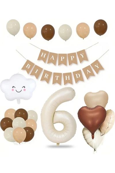BALON DİYARI Retro Birthday Set for 6 Years Old Cream Numeral Foil Banner Cloud Foil Balloon Balloon Tape Gift