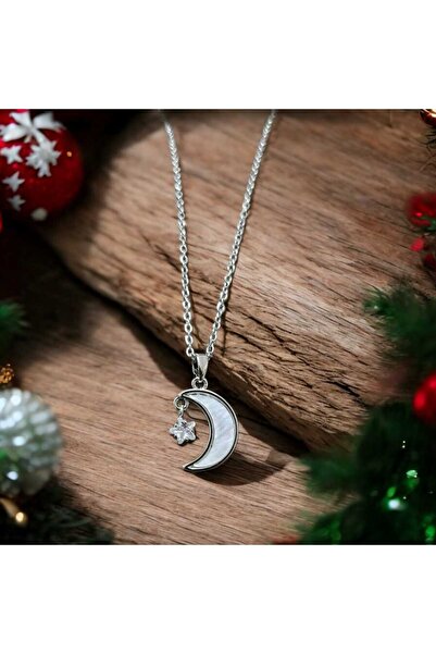 feyza collection نجمة متدلية - قلادة من الفولاذ على شكل قمر بيرليسسينت