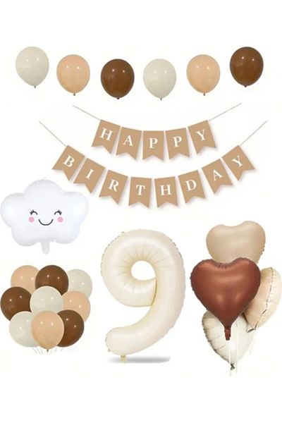 BALON DİYARI Retro Birthday Set for 9 Years Old Cream Numeral Foil Banner Cloud Foil Balloon Balloon Tape Gift