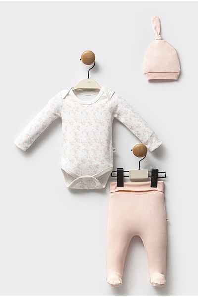 Moi Noi 100% Cotton 3 Piece Set for Baby Girl - Bodysuit, Pants, and Hat