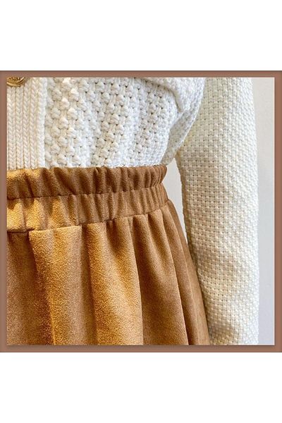 RFK Butik Дамска велурена пола с панделка и детайли в кафяво