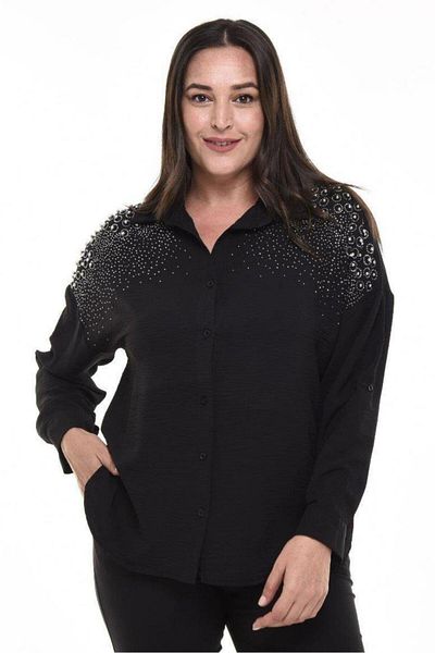 Zer Otantik Cămașă Aerobin Brodat cu margele Plus Size Negru
