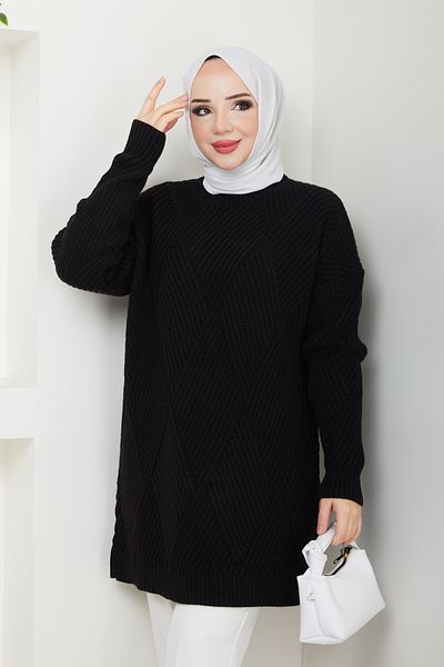 Pamuk Butik Women's Zigzag Braided Crew Neck Knitwear Sweater