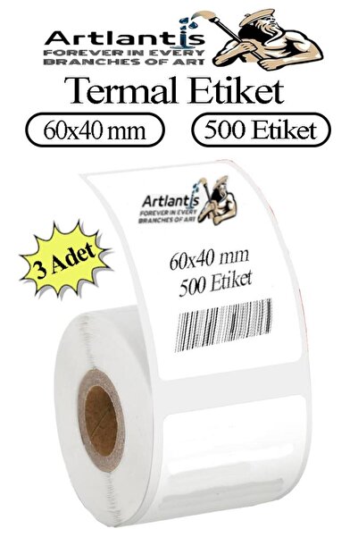 Artlantis 60x40 mm Barkod Etiketi Yapışkanlı 3 Adet Rulo Etiket Termal Barkot...