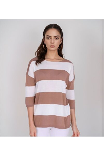 T Guel Women's Cotton Mink-white Striped Poor Sleeve Thin Sweater