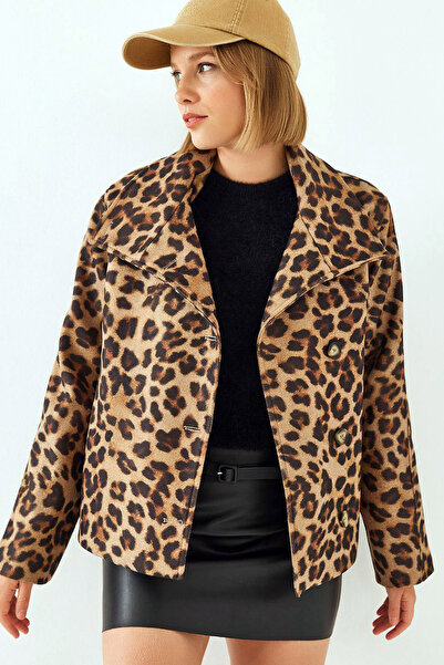 MissKybele Uzun Kollu Cepsiz Devrik Kruvaze Yakalı Leopar Desen Rahat Kalıp D...