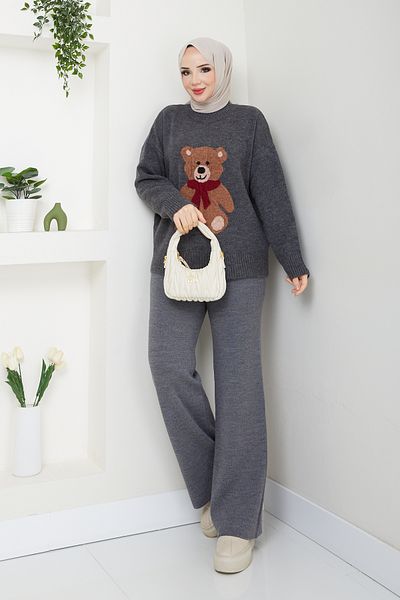 Pamuk Butik Women's Ribbed Trousers Bottom-Top Double Knitwear Set