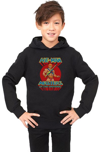 Tshirthane Той е човекът, господар на Вселената - Детски черен суичър с качулка, 3 и 1