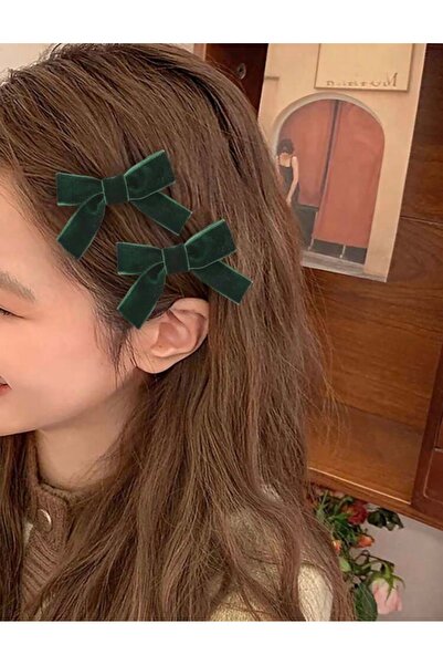 Monalisa Kadın Yeşil Kadife Fiyonk Model Pens Toka 2 Adet