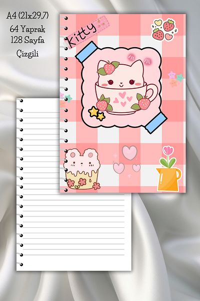 daily notebook Kawaii Kitty Striped A4 School Notebook - 64 Sheets (21x29.7 cm)
