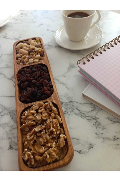 Ahşap Teslim Doğal Ahşap Dekoratif Sunumluk 3 Bölmeli Çerezlik - Ceviz Rengi