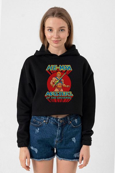 Tshirthane He Man Masters of the Universe - Black Women's Crop Hooded T-Shirt