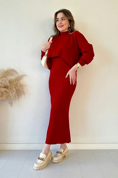 LC Waikiki Red Bolero Short Sweater Maxi Length Knitwear Dress Set