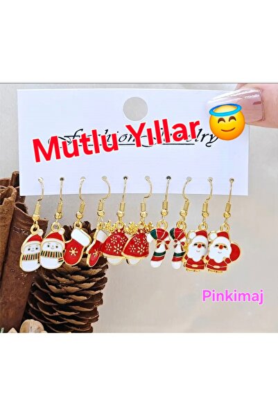 Pinkimaj Yılbaşı temalı yeniyıl küpesi 5 çift kardan adam, kar tanesi küpe kırmızı beyaz  taş detaylı