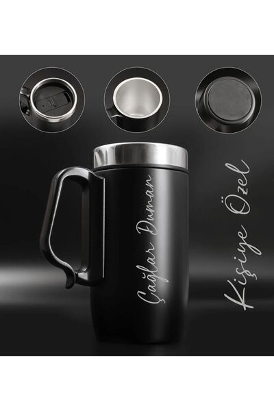 teknotrust Kişiye Özel Çift Katmanlı 280ml Mat Siyah Kulplu Paslanmaz Çelik T...