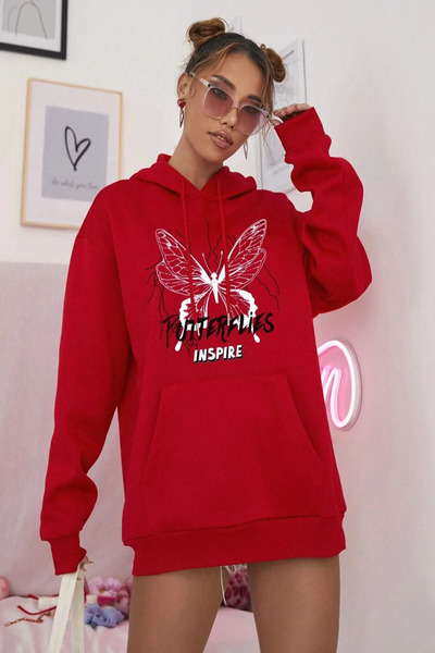 Wish BF Kırmızı Kelebek Baskılı Oversıze Kapüşonlu Sweatshırt