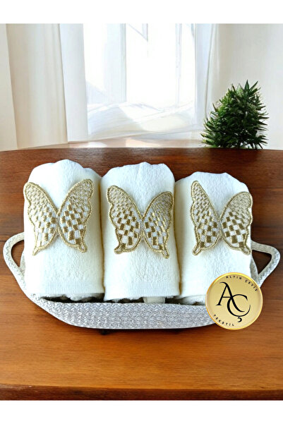 Altın Çeyiz Tekstil Kelebekli  Sepetli 30x50 3 Parça El Havlusu Yüz Havlusu M...