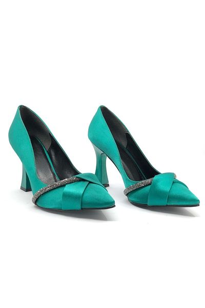 KOCAMANLAR Feles Goblet Heel Satin Stripe Stone Stiletto Women's Heeled Shoes Green