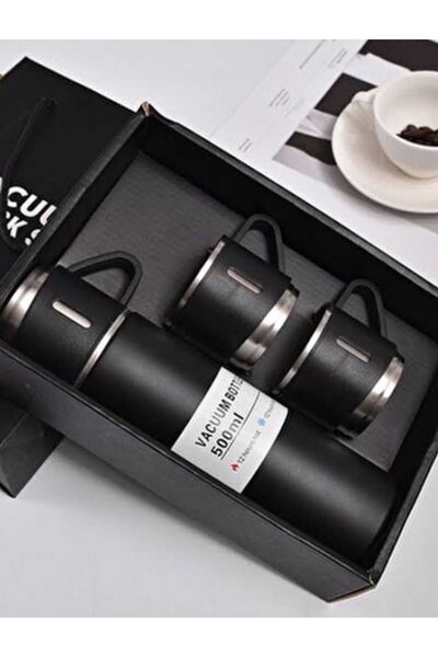 Genel Markalar Paslanmaz Çelik Termos Siyah Renk 3 Bardaklı Termos Seti Vakum...