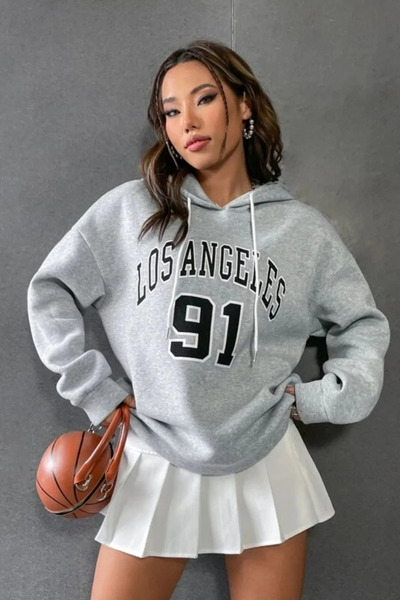 Wish BF سويت شيرت بقلنسوة كبير الحجم مطبوع عليه لوس أنجلوس 91 للجنسين