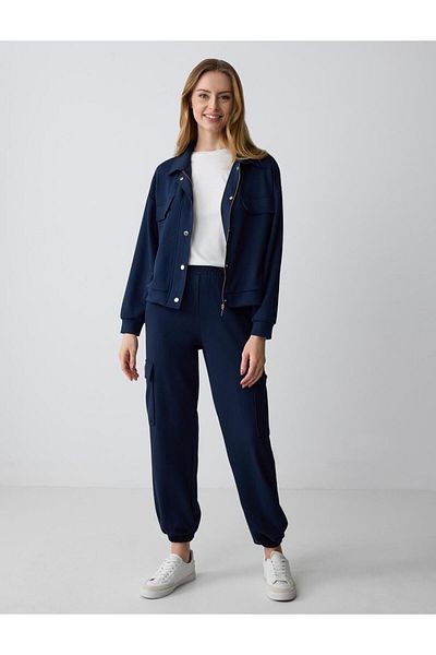 Jimmy Key Navy Blue Relaxed Fit High Waist Modal Knitted Trousers