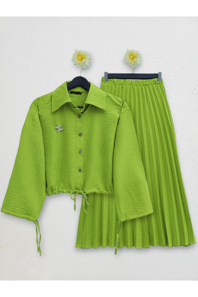 Modamorfo Double Suit with Pleated Skirt, Sleeves and Lace-Up Waist -F.Green