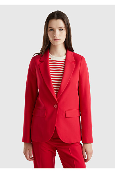 United Colors of Benetton Kadın Kırmızı Poliviskoz Tek Düğmeli Kırlangıç Yaka Blazer Ceket