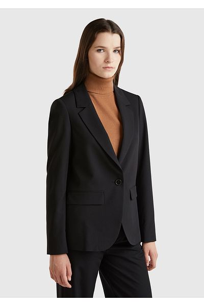 United Colors of Benetton Women's Black Polyviscous Single Button Swallow Collar Blazer Jacket