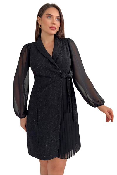 Moda Amore Rochie de damă din șifon, cu țesătură tweed, decolteu dublu și detaliu cu nod în talie - Design modern 030