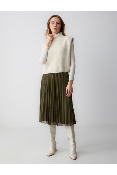 Jimmy Key Khaki High Waist Pleated Relaxed Fit Midi Skirt