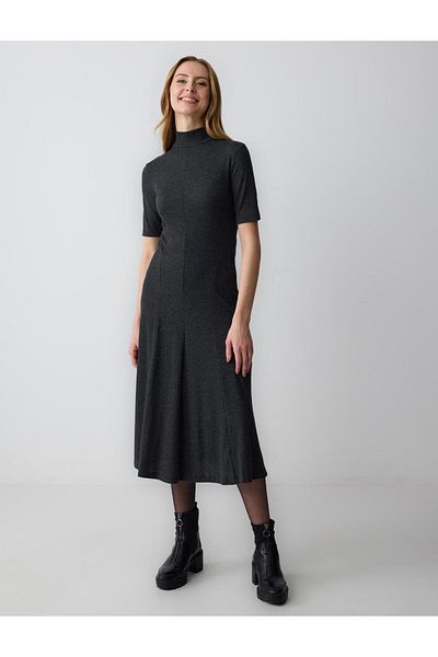 Jimmy Key Dark Anthracite Melange Crew Neck Slim Fit Short Sleeve Midi Dress