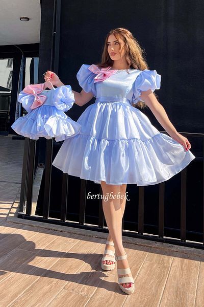 Bertuğ Bebek Rochie de seara combinata din organza albastru roz - rochie pentru mama fetita bebelus copil
