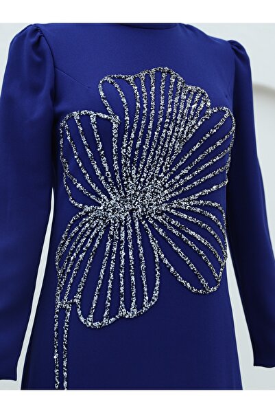 Modamorfo Clover Stone Patterned Stand Collar Crepe Evening Dress -Navy