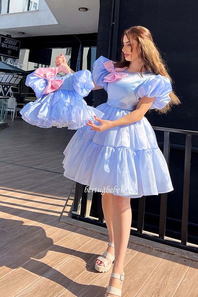 Bertuğ Bebek Rochie de seara combinata din organza albastru roz - rochie pentru mama fetita bebelus copil