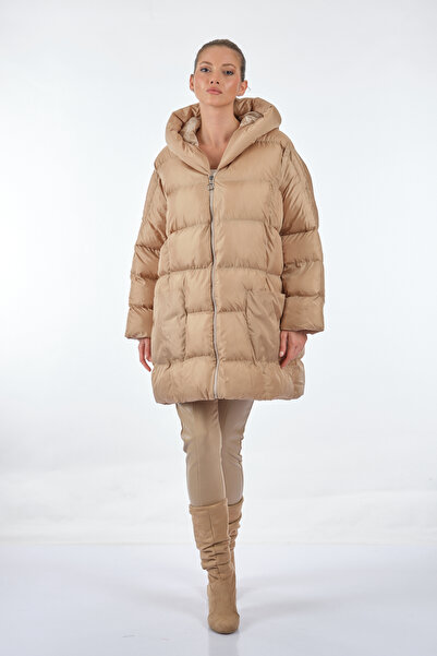 MONALURE Kapüşonlu Oversize Bej Kadın Mont 1102644