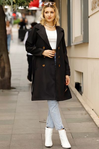 SU SHE Women's Black Buttoned Water Repellent Belted Sleeve Belted Trench Coat