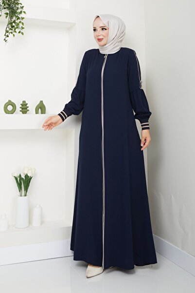 MODA ESRE FASHION Tesettür Giyim Ferace Krem Renk Biyeli Kolu Patlı Manşet Ribanalı Lacivert