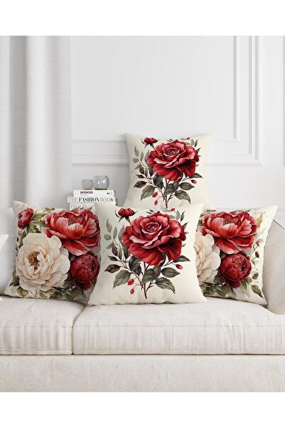 Şah Dekor Husă de pernă roșie, imprimată digital, cu tematică naturală, cu modele florale, din 4 piese