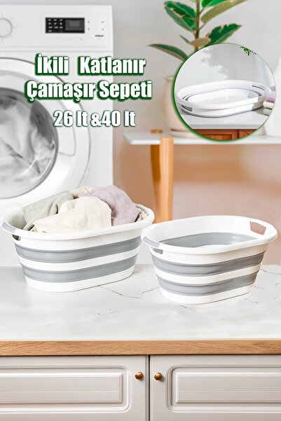 Porsima LA-550 2 li Katlanabilir Çamaşır Sepeti Akordiyon Katlanır Sele Sepet...