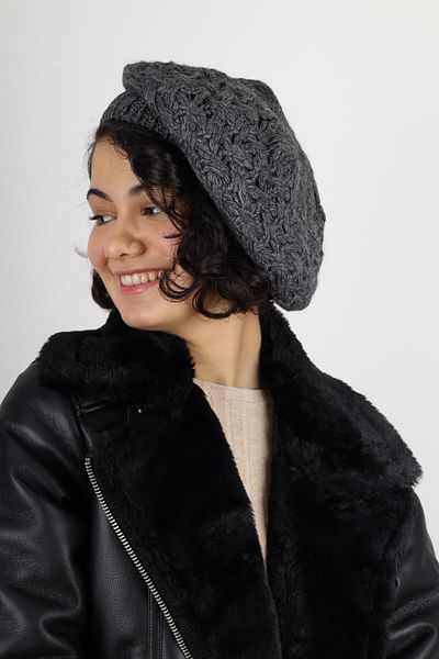 MinaCarin Anthracite Color Double Layer Winter Painter Beret Wool