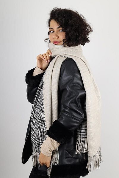 MinaCarin Eșarfă de lână cu model carouri pe două fețe, albă, de iarnă