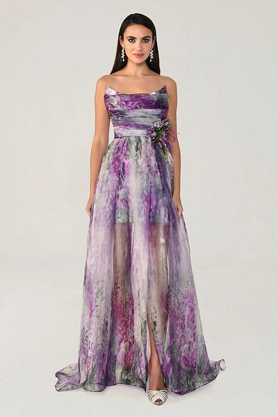 ALFABETA Self Floral Patterned Strappy Tulle Evening Dress