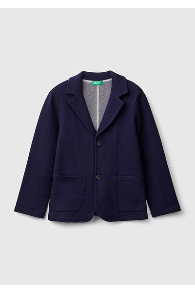 United Colors of Benetton Boy's Navy Blue Logo Embroidered Front Patch Pocket Two Buttons Jacket