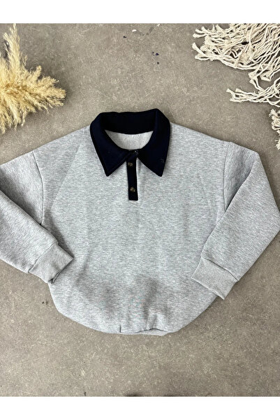 Samin Women's Gray Oversize Polo Neck 3 Thread Raised Sweatshirt