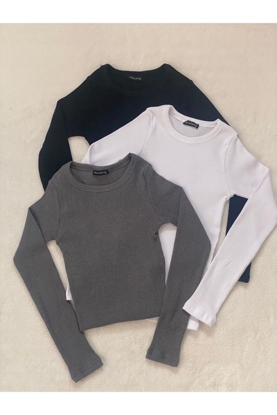 Wearflawless Kadın  %100 PAMUKLU  3'lü Bisiklet Yaka Uzun Kollu Fitilli  Bluz...