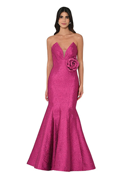 ALFABETA Kadın Degaje Yaka Kolsuz Çiçek Detaylı Uzun Fuşya Abiye & Mezuniyet ...