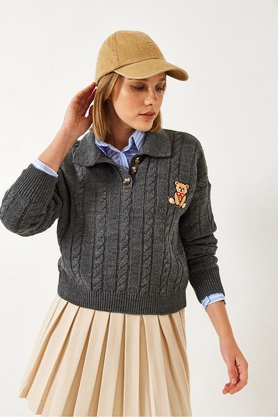 Bianco Lucci Pulover de damă din tricot cu nasturi brodate cu ursuleț 60351375